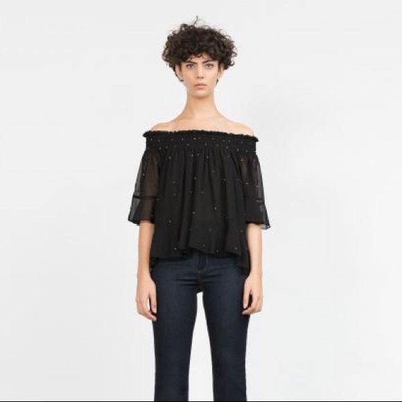 NWT Zara Off the Shoulder Flowing Jeweled Top - Picture 4 of 4